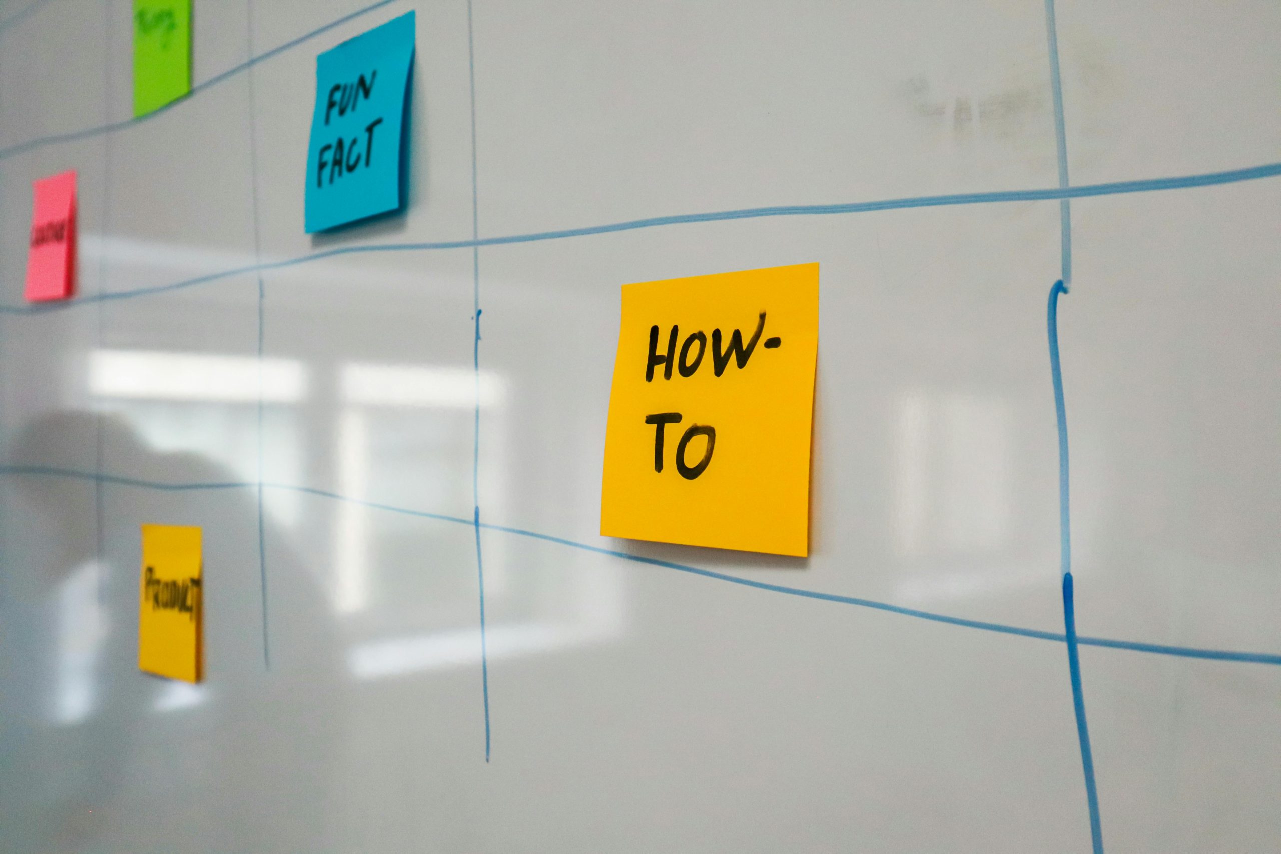 Organized whiteboard with colorful sticky notes used for planning and brainstorming.